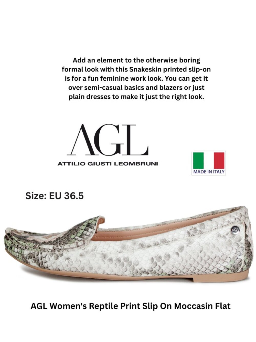 AGL Women's Reptile Print Slip On Moccasin Flat
